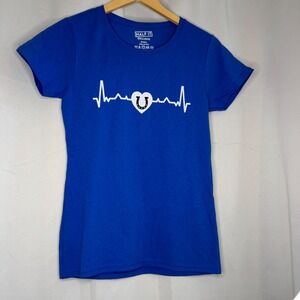 Half IT‎  Graphic Tee Horseshoe Heartbeat Short Sleeve Top Blue White Small NWOT